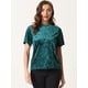 thumbnail image 4 of Camiseta de manga corta con cuello redondo informal de terciopelo vintage para mujer Azul verde S, 4 of 5