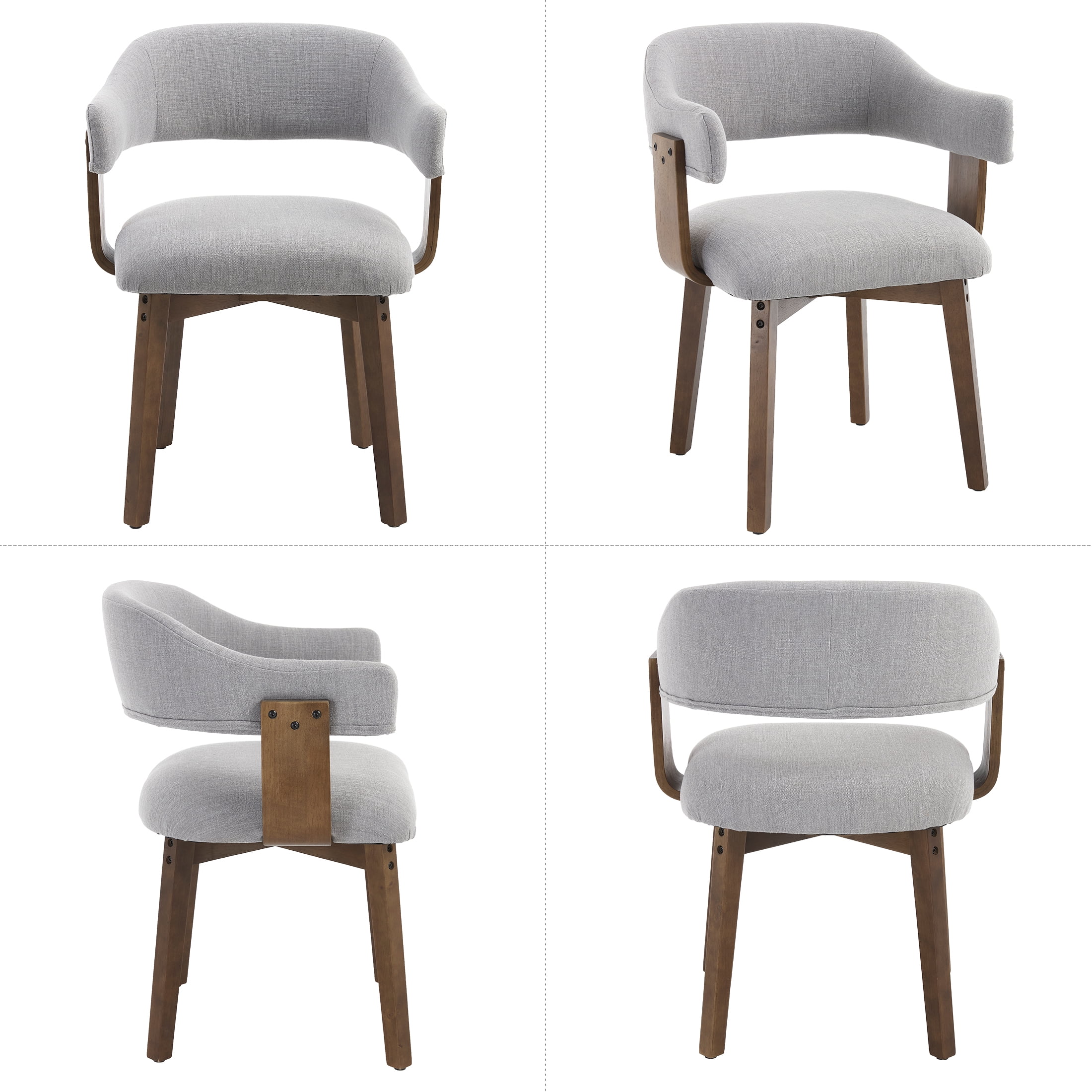 Guyou Modern Dining Chair Set of 6, Linen Upholstered Dining Room Armchair with Curved Backrest, Mid-Century Wooden Kitchen Side Chairs for Dining Room Living Room, Grey