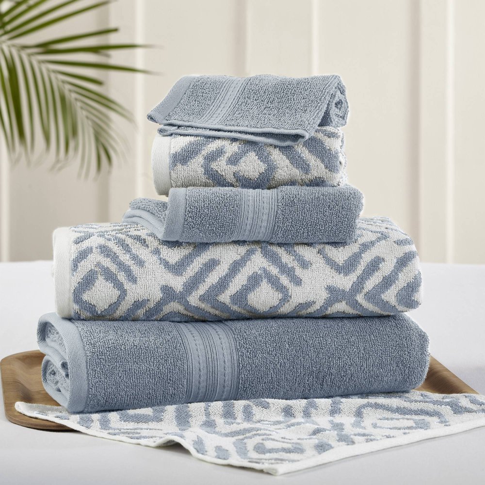 6 Piece reversible Yarn Dyed Jacquard Towel Set, Ikat Diamond, Sterling Blue