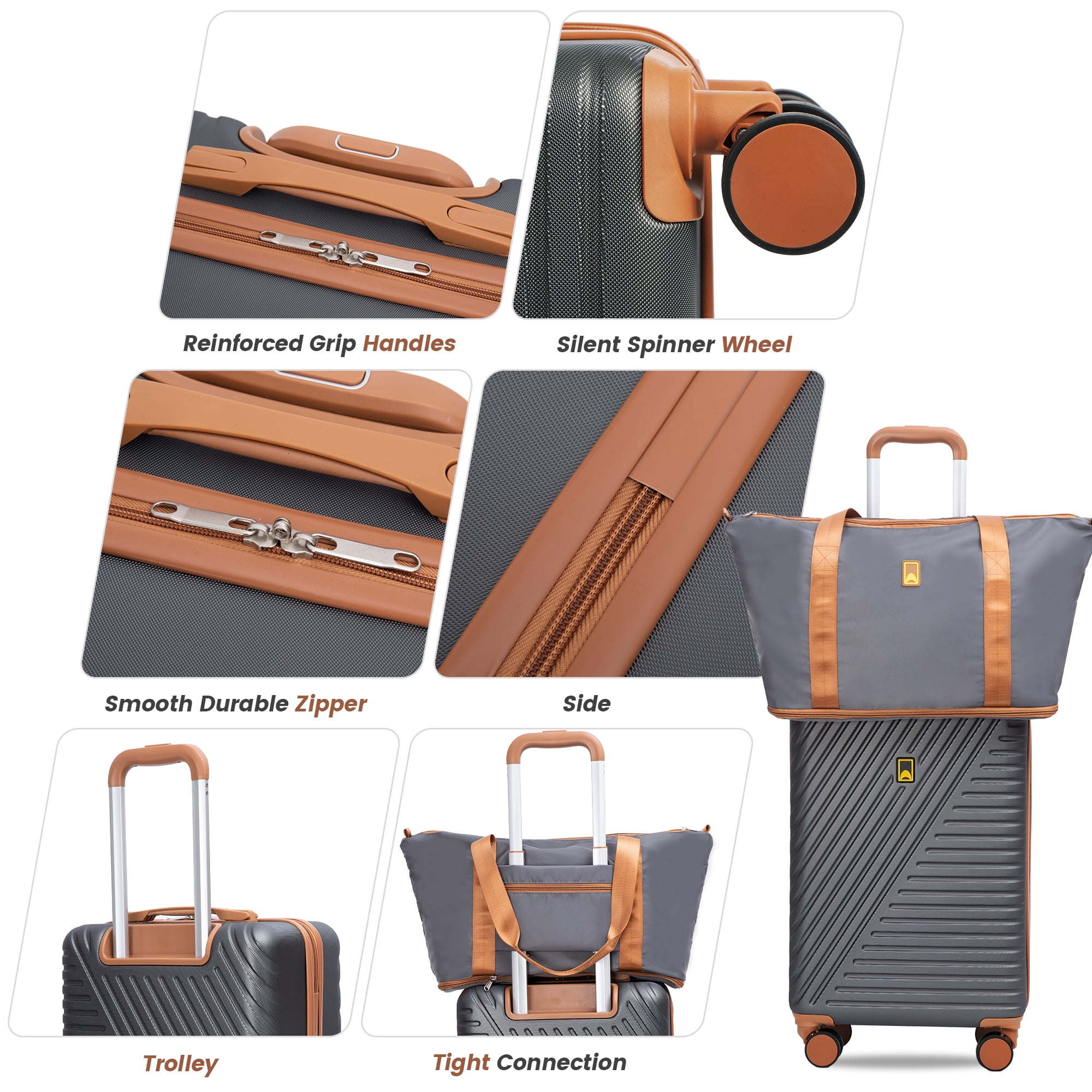 3 Piece Carry on Luggage Sets, Hardside Suitcase Set with Double Spinner Wheels, Expandable Travel Bag and Toiletry Bag, Gray