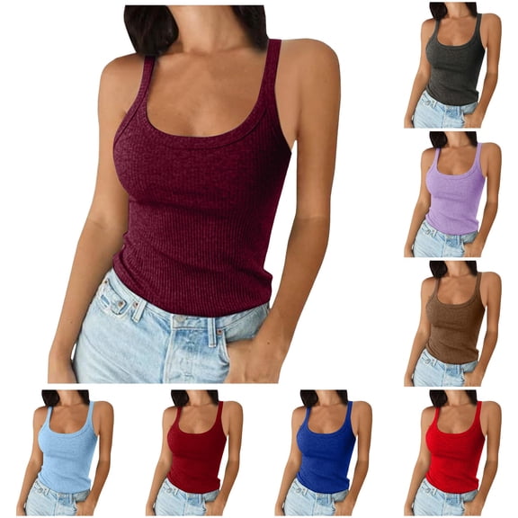ChoXxx Women's Spaghetti Strap Scoop Neck Ribbed Tank Top Slim Fitted Cotton Camisole Basic Sleeveless Layering Shirt Brick Red L