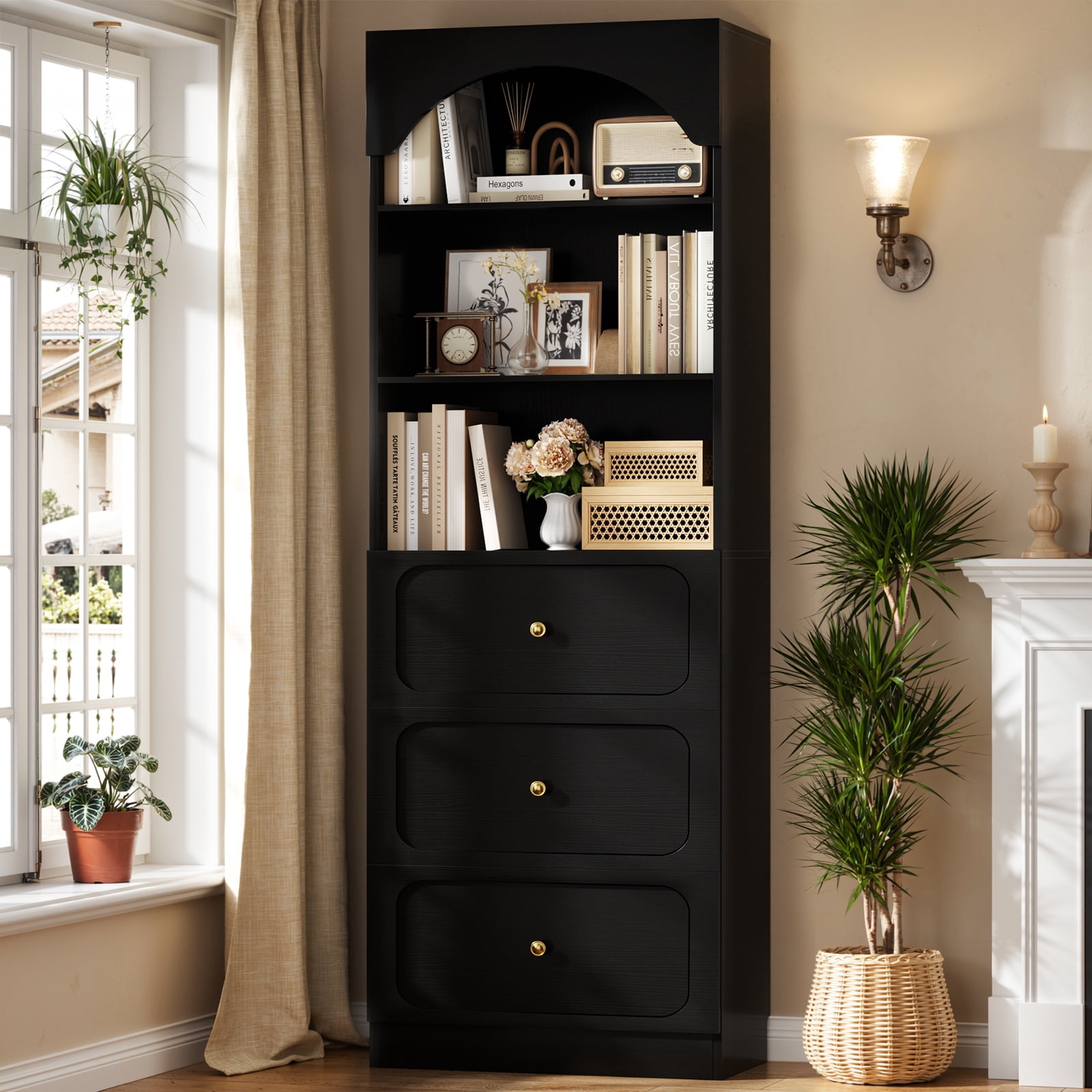 Homieasy 80" Tall Arched Bookcase with 3 Drawers & 3 Open Shelves - Wooden Storage Cabinet for Living Room, Kitchen, Office,Black