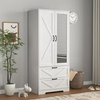 72" White Armoire Wardrobe Closet with Mirror Door & LED Light, 2-Door Bedroom Clothes Cabinet with Hanging Rod, Drawers & Adjustable Shelves, Modern Farmhouse Storage Wardrobe for Apartment