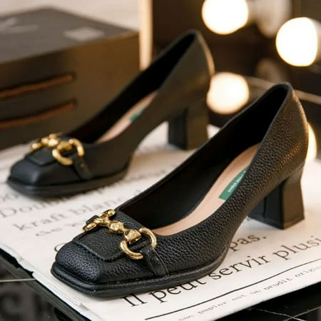 

Women s Mid-heel 5.5CM 2023 Summer French Style Back Empty Female Thick Heel Square Toe Mary Jane Shoes Black Green Talon Femme