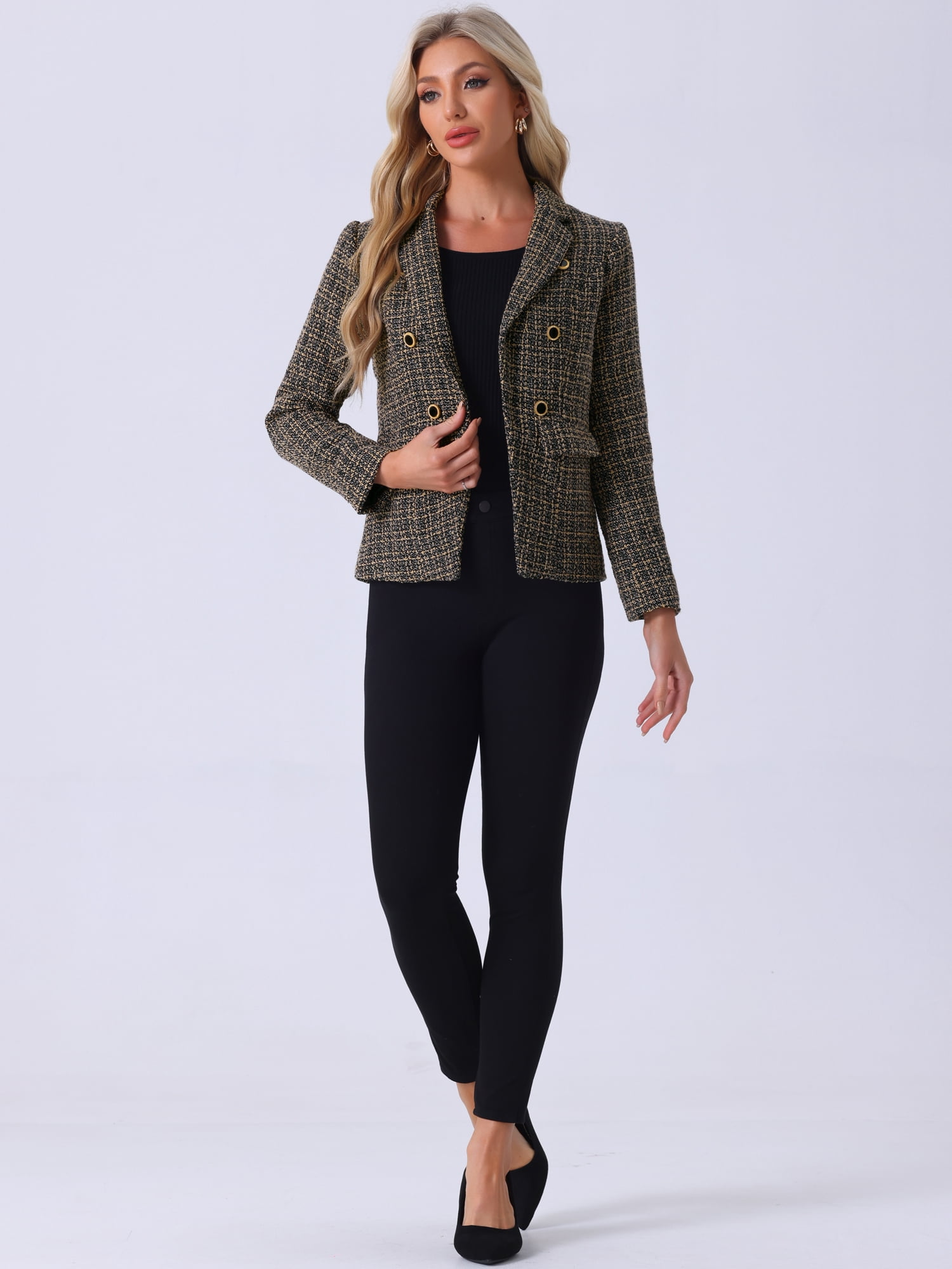 DARING DIVA Women's Plaid Blazer Notch Lapel Tweed Jacket XS Brown