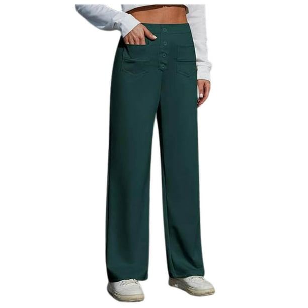 Pantalones de trabajo de cintura alta para mujer - Pantalones elásticos rectos de pierna ancha con botones y bolsillos