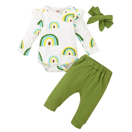 

Dadaria Cute Baby Boys Girls Clothes Newborn 0M-24M Infant Long Asleeved Rainbow Floral Print Romper+Soild Pants Set Green 90 Toddler