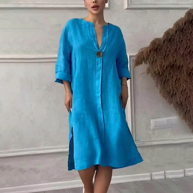 SMihono Trendy Summer Cotton Linen Shirt Dress for Women Solid V Neck Short  Sleeve Button Dresses Plus Size Loose Side Split Dress Blue XL - Walmart.com