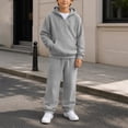 thumbnail image 4 of Kids Boys 2 Piece Waffle Knit Outfit, Quarter Zip Pullover Hoodie with Pocket & Elastic Waist Sweatpants, Soft Casual Sport Tracksuit Gray 4 Years, 4 of 9