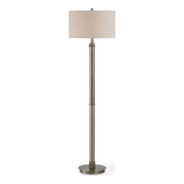 Benjara Modern Floor Lamp- White Linen Drum Shade- Brass Metal Pole- Round Base