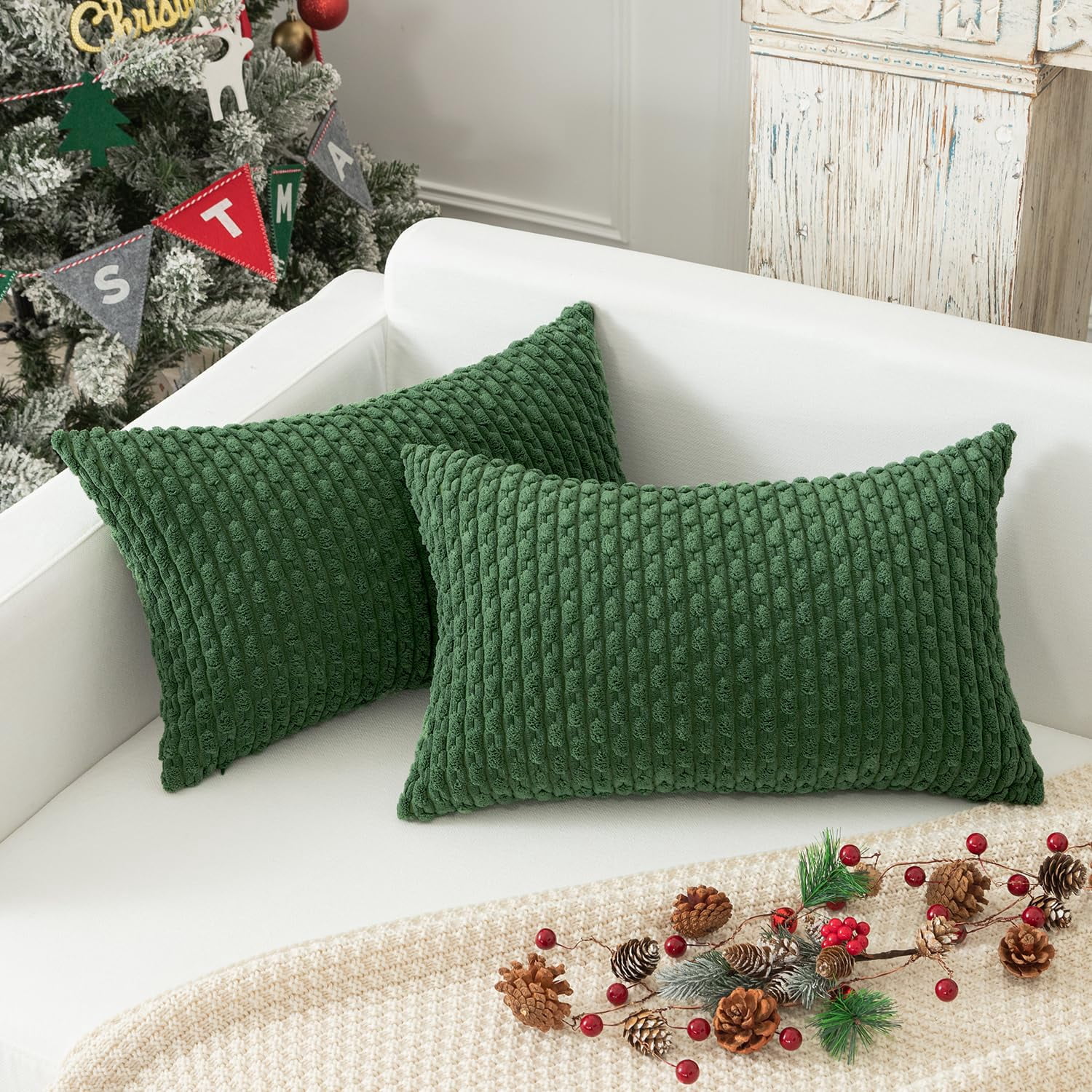 Holzlrgus Throw Pillow Covers 12x20 inch Soft Striped Decorative Cushion Cases with Hidden Zipper for Couch Sofa Bed, 2 Pieces, Dark Green