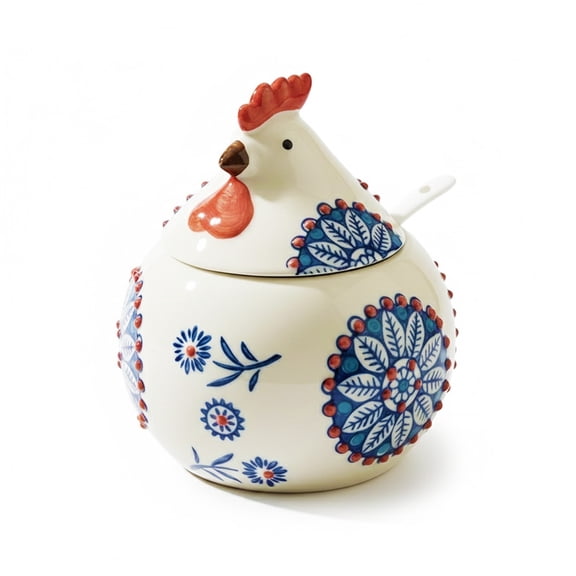 Cute Ceramic Chicken Shaped Salt and Pepper Shaker Set - 3 Piece Small Spice Jar with Lid and Spoon for Kitchen Counter Organization