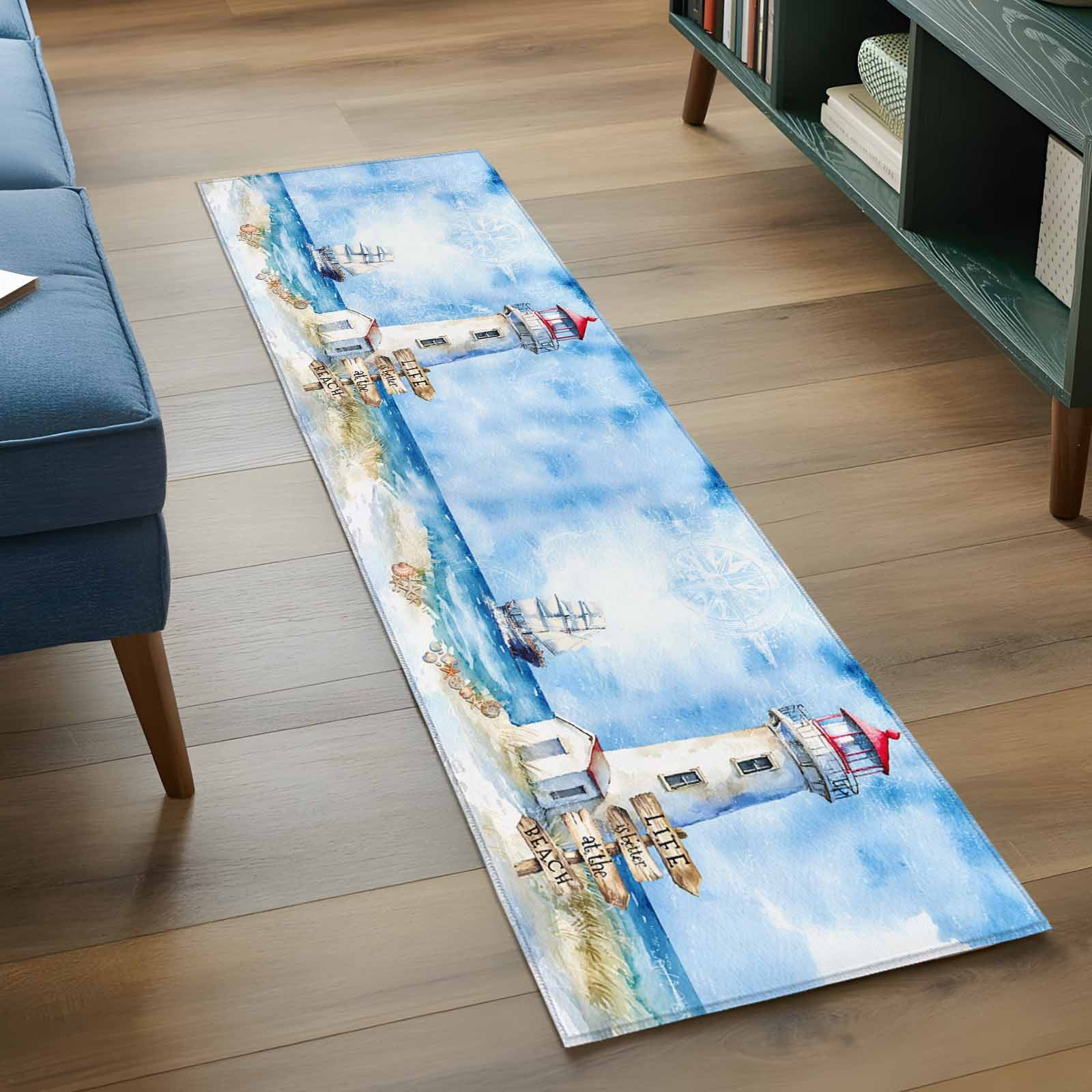2'x6' Rug Runners for Hallways Kitchen, Nautical Blue Non Slip Entryway Beside Floor Carpet Runner, Lighthouse Ocean Sailboat Summer Painting Washable Laundry Room Bedroom Throw Rugs Mat
