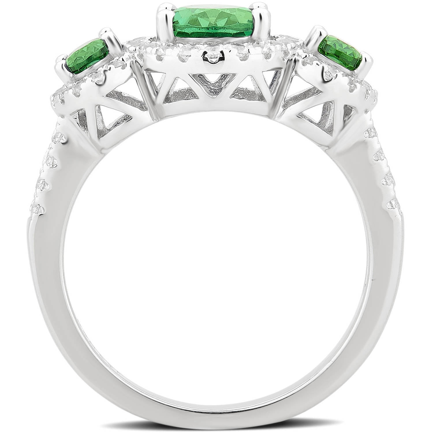 Created Emerald and White Sapphire Gemstone Sterling Silver Three Stone Oval Frame Ring