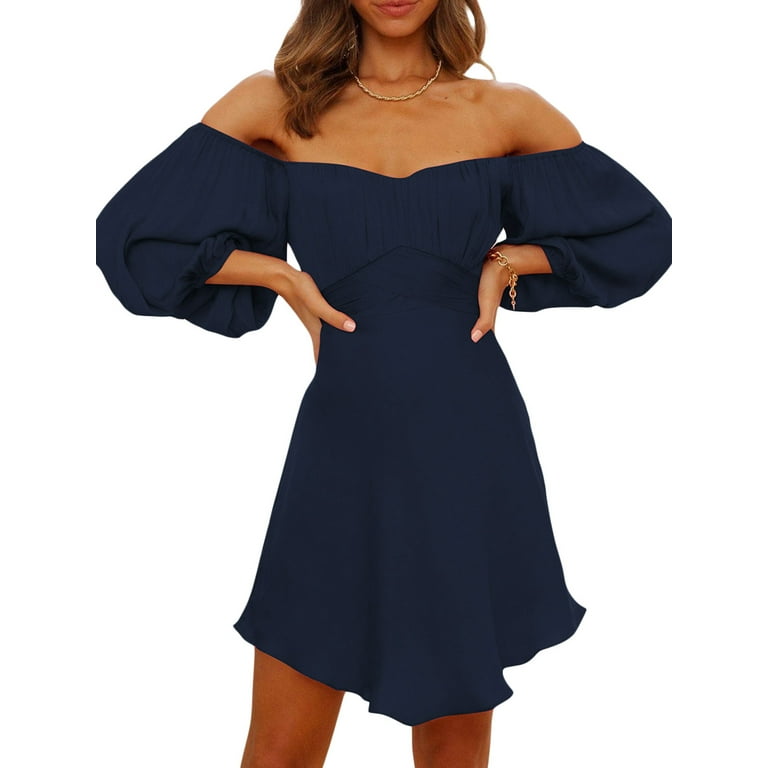 Women Fashion Off Shoulder Flare Sleeve Slash Neck Mini Dress Women Fashion Off Shoulder Flare Sleeve Slash Neck Mini Dress
