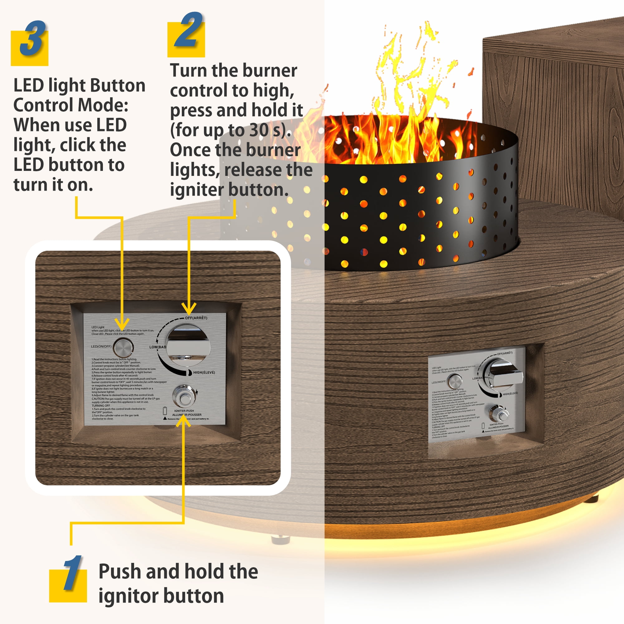 30 in. Round Propane Firepit Table with Golden LED Light, 50,000 BTU Outdoor Fire Pit Table in Dark brown Wood Grain