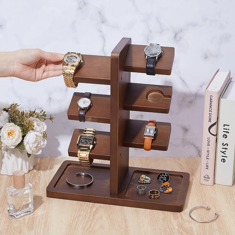 Wooden Watch Holder Stand with Charging Station Coconut Brown Watch Display Tower Jewelry Organizer for Rings Coins Bracelets Necklaces Great Father's Day Gift for Men for DIY