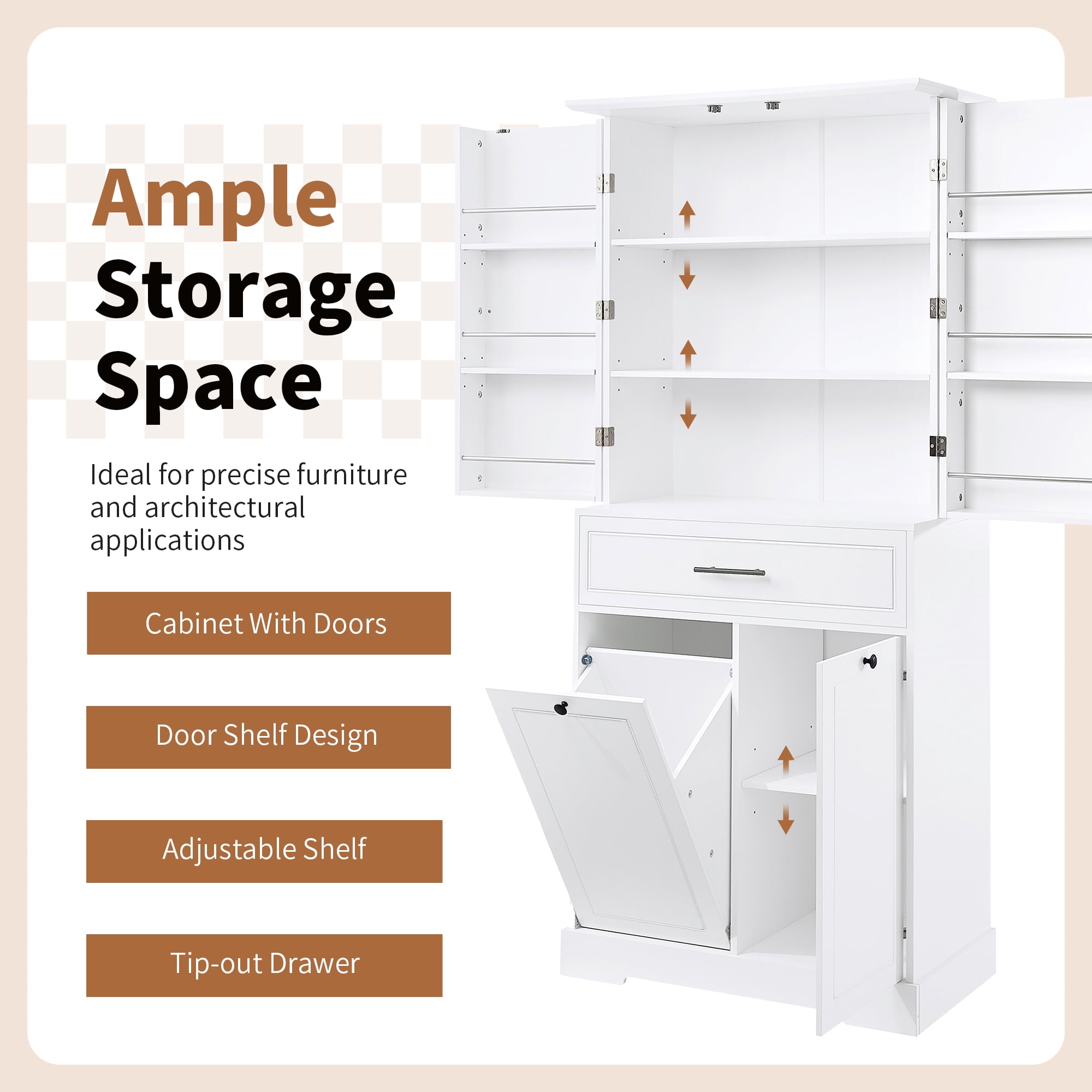 Euroco Freestanding Bathroom Storage Cabinet with Doors & Drawers, Tilt-Out Laundry Hamper, Adjustable Shelf, Multiple Storage Spaces, White