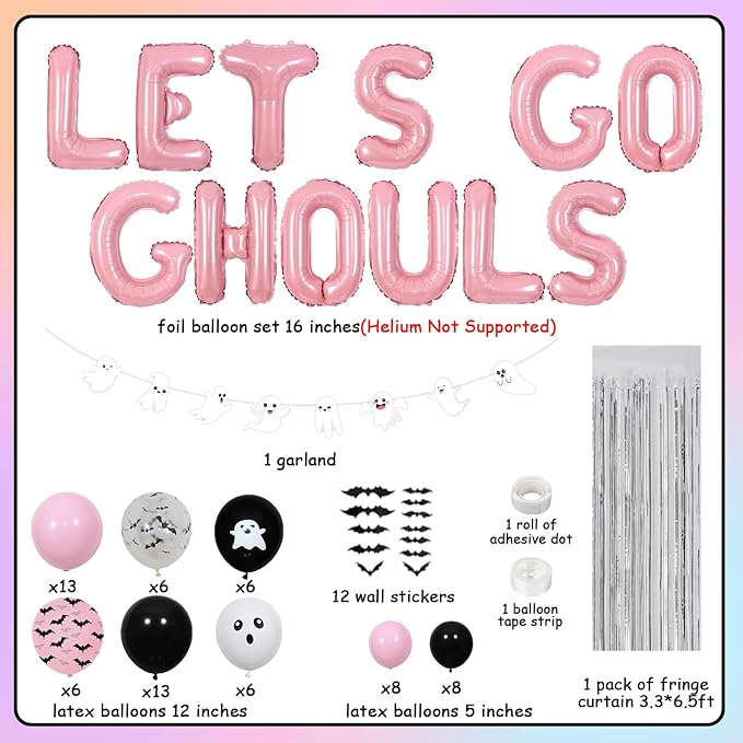 Halloween Let's Go Ghouls Decorations, Pink Black Ghost Bachelorette Balloon Garland Arch Kit Fringe Curtain Banner, Spooky Groovy Bridal Shower Engagement Birthday Party Supplies
