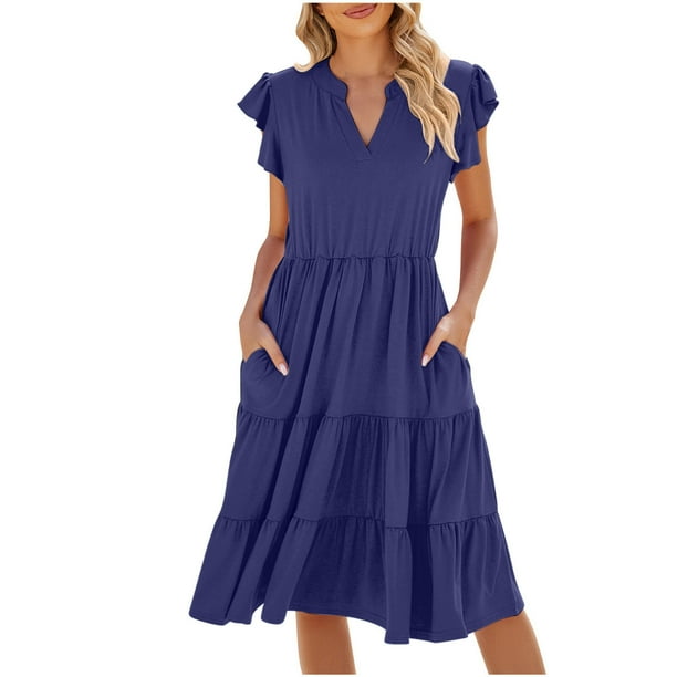 Vestido de Verano de Manga Corta para las Mujeres Moda Casual Cuello en V Vestido con Ruffles, Poliéster Ligero de Color Sólido para Fiestas, Bodas Y Diario