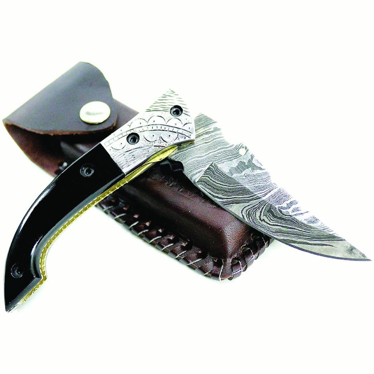 TheBoneEdge Style Blade Damascus Steel Folding Knife 8'  with Leather Sheath