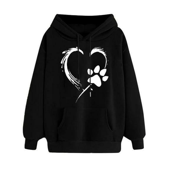 YUGYXL Womens Cute Sweatshirt Love Heart Dog Paw Print Sweatshirts Long Sleeve Pullover Tops Casual Fall Winter Clothes Black XL