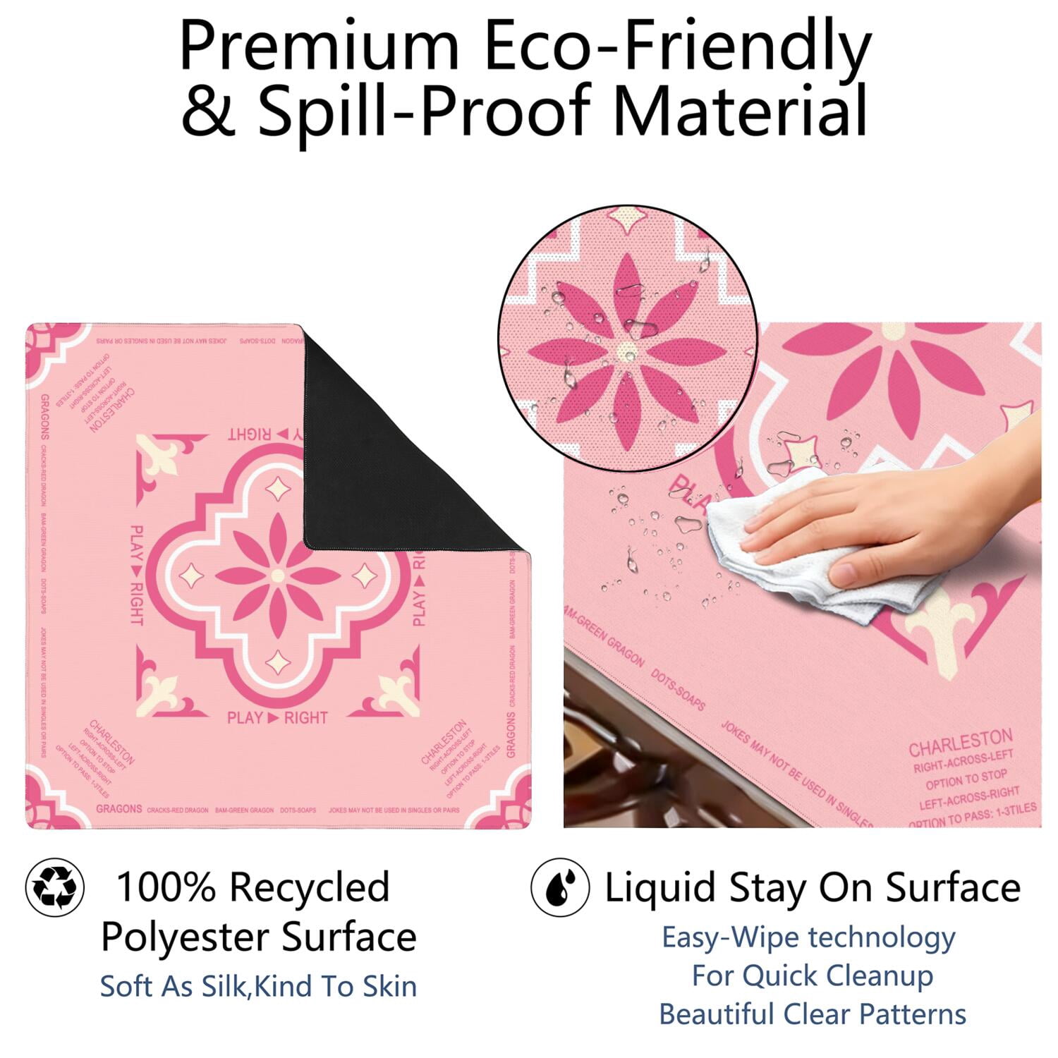 Pink Mahjong Mat with Rules, 31.5*31.5in Anti Slip American Mahjong Mat for Table, Noise Reduction, Neoprene Mah jongg Mats with Carrying Bag & 3 Dices, Mahjong Supplies Gift, Board Tile Games Mats
