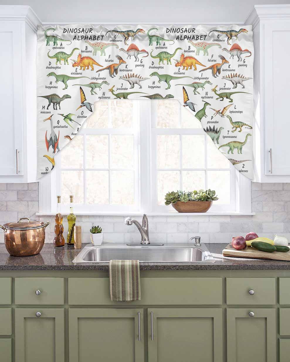 Dinosaur Swag Curtains for Kitchen Funny Dino Cute Cartoon Boys Girls Children Valances for Windows Rod Pocket Small Window Treatment Topper for Cafe Bedroom Bathroom Living Room Decor 56x36 Inch