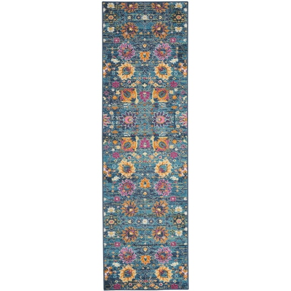 2’ x 10’ Denim Blue Florals Distressed Runner Rug