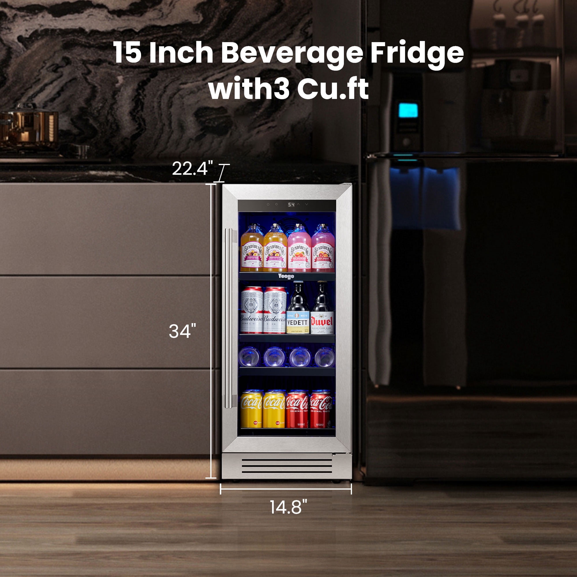 Yeego 80 Cans 15 Inch Beverage Refrigerator, Stainless Steel Built-in/Freestanding Cooler