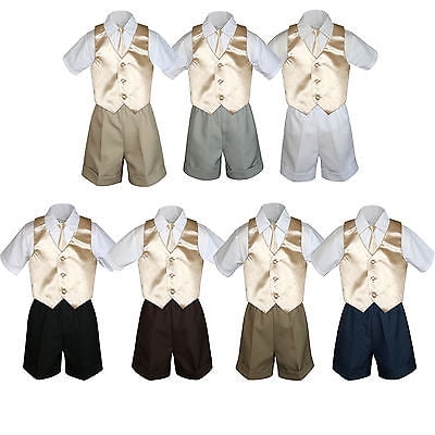 

4pc Set Boy Toddler Formal Champagne Vest and Necktie Black Khaki Shorts S-4T