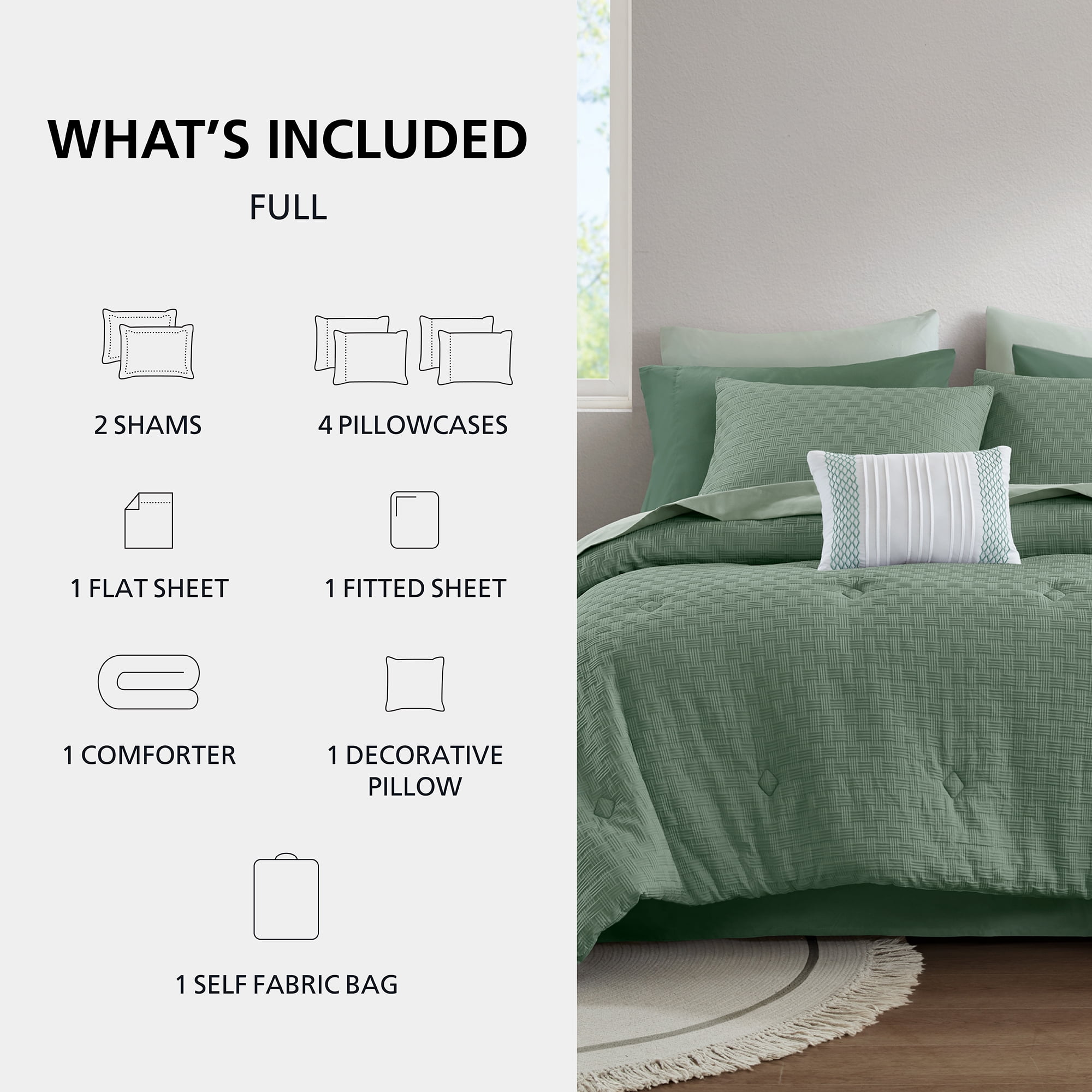 Mainstays Reversible 11-Piece Bed-in-a-Bag Comforter Set with Sheets, Full, Green Basketweave