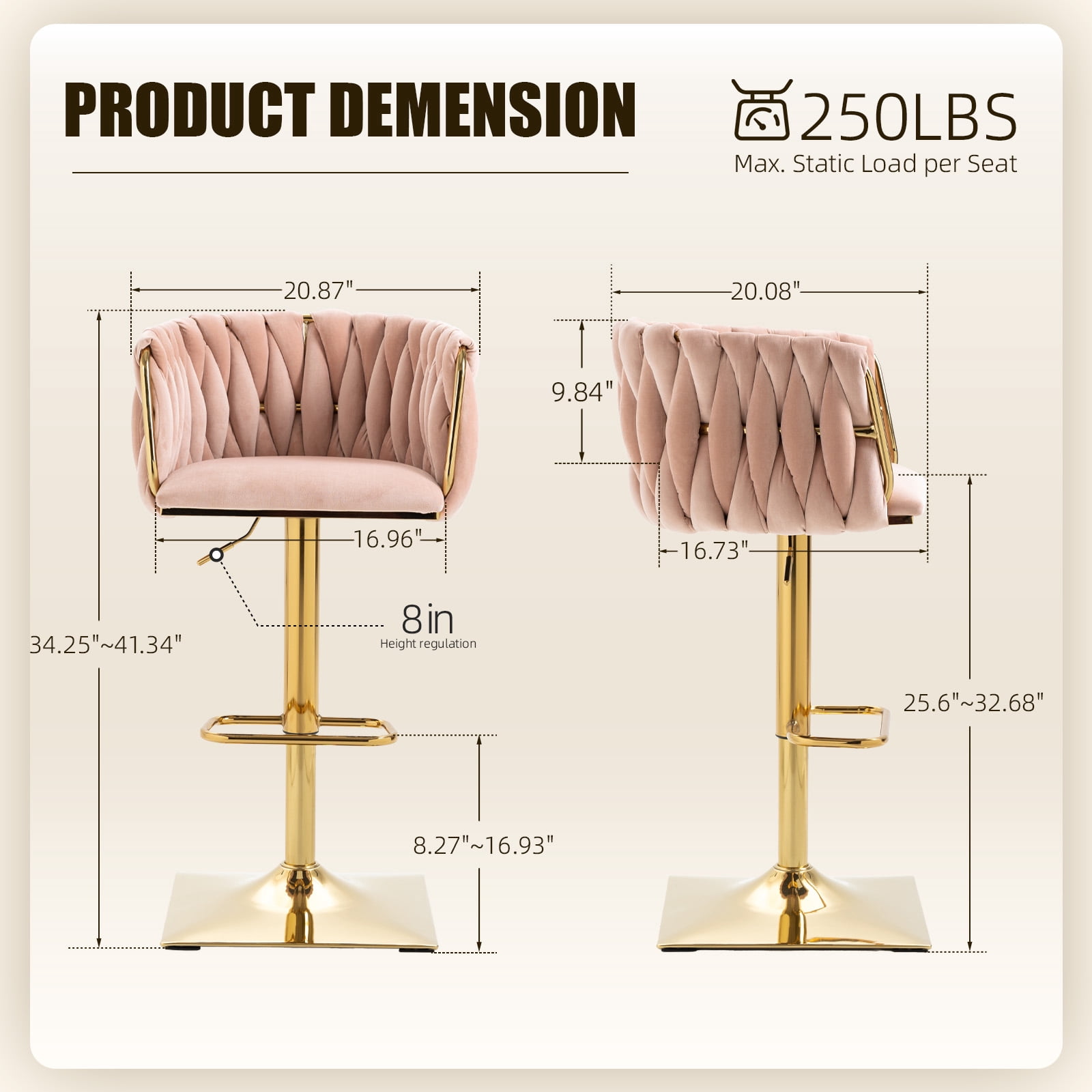 MOONMISS Bar Stools Set of 2, Adjustable Swivel Barstools, Velvet Counter Height Bar Chair with Back and Footrest for Kitchen Island Dining Room Café Pub,Pink