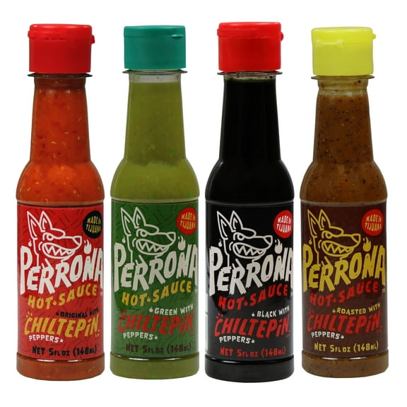 La Perrona Hot Sauce Variety | Chiltepin, Roasted, Green and Negra | 5 Ounce Bottles | Handmade | Salsa Picante 4 Pack