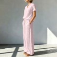 thumbnail image 6 of BRELIL Women Plus Size Two Piece Outfits V Neck Short Sleeve Tee Wide Leg Pants Casual Lounge Set Solid Boho Vacation Travel Loose Tracksuit, Pink S, 6 of 6