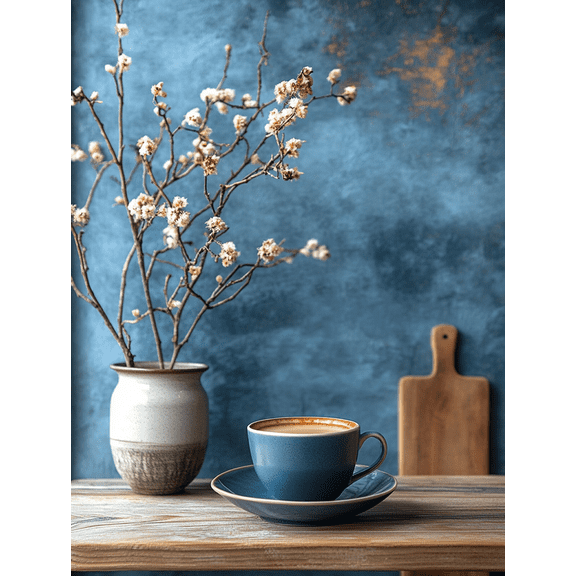 Qisvanset 12x16 Inch Framed Canvas Wall Art Blue Tea Cup Cottagecore Trendy Apartment Kitchen Square Wall Art