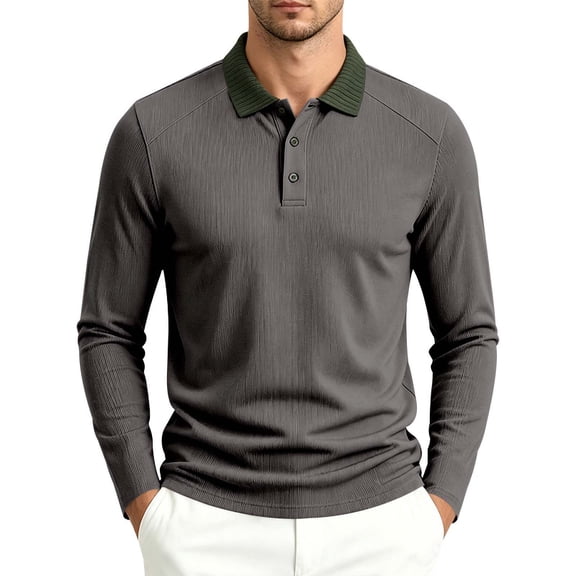 LEKWK Long Sleeve Shirts for Men Collared Contrast Ribbed Collar Golf Shirt Textured Lightweight Casual Button Top Slim Fit for Tennis Business Smart Casual