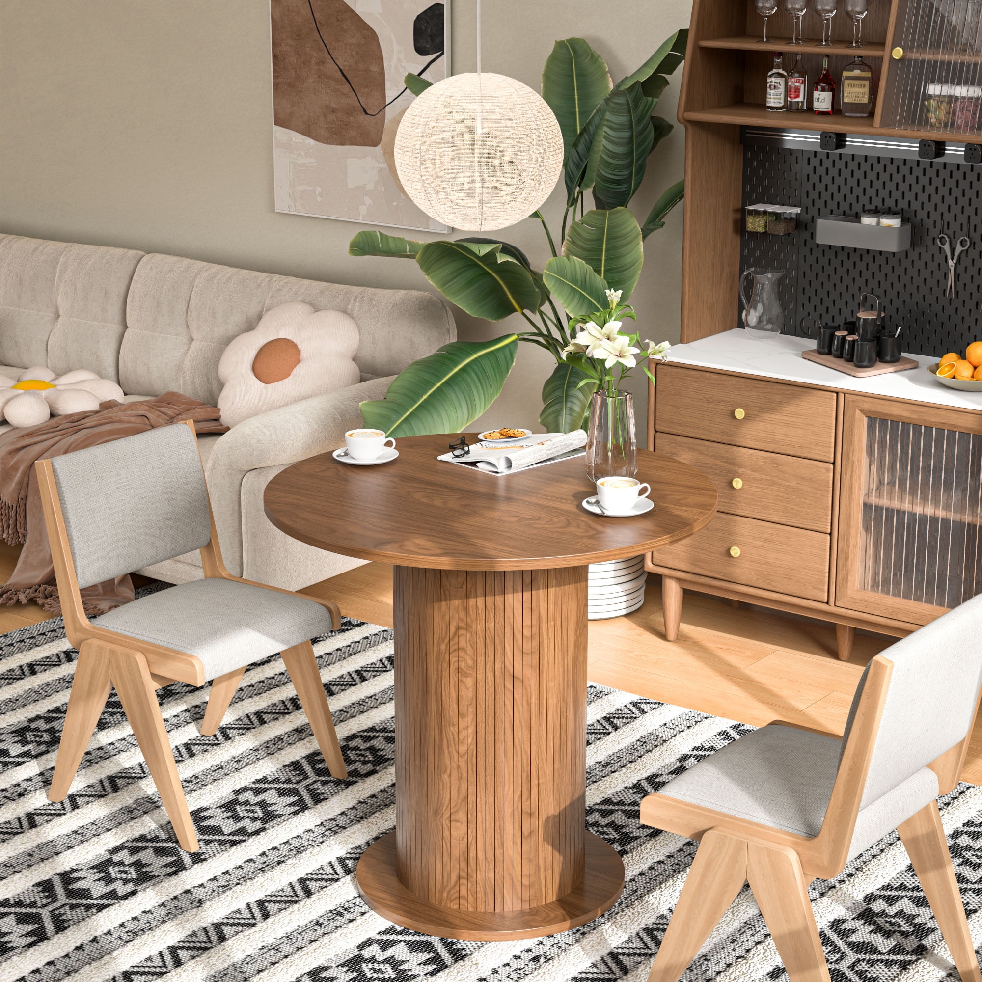 Modern Farmhouse Round Dining Table, Wood Kitchen Table for 2, Small Circle Dining Tables, Walnut