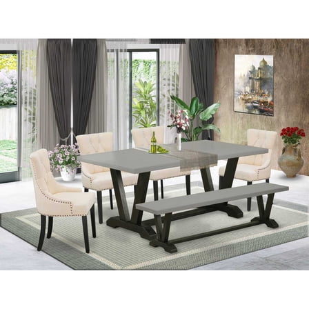 East West Furniture V-Style 6-piece Wood Dining Set with Fabric Chairs in Black