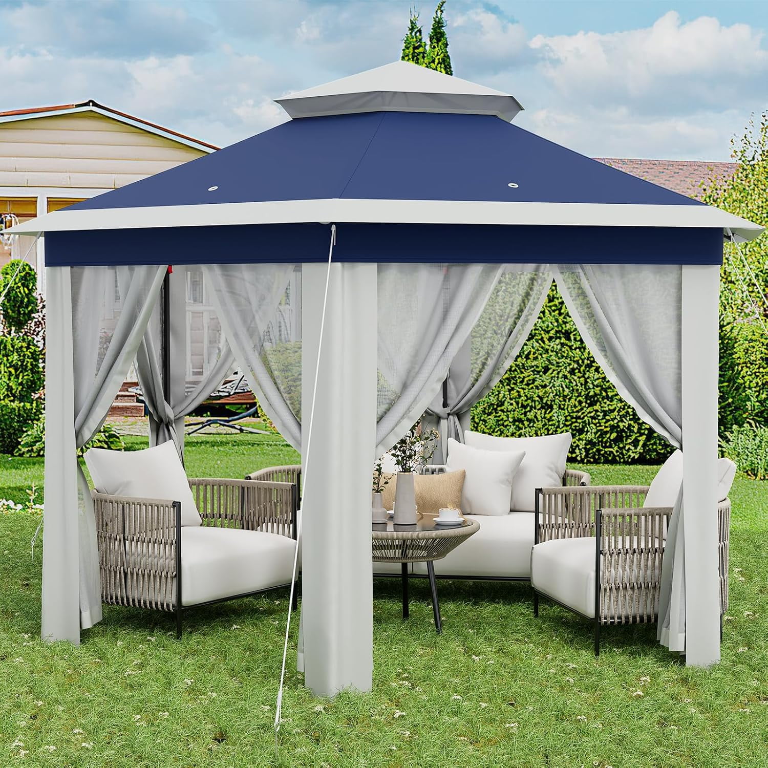 13'x13' Pop Up Gazebo, Hexagonal Outdoor Canopy Tent, [Sturdy Metal Frame] Instant Pop Up Tent with Mesh Netting, Waterproof & UV-Resistant Outdoor Gazebo for Backyard, Patio, Deck, Lawn Party