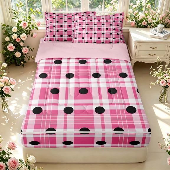 Manfei Modern Checkered Zipper Twin Comforter Sets with Fitted Sheet and 2 Pillowcases,Minimalist Polka Dot Zipper Bedding Set,Pink White,Pink Reversible,4pcs