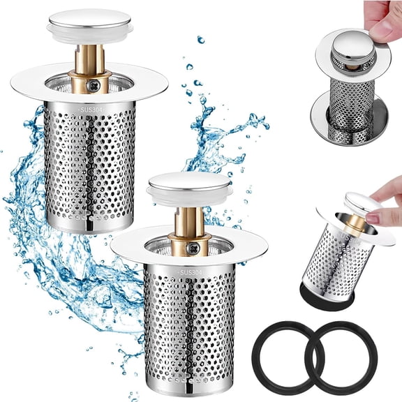 2Pcs Bathroom Sink Stopper Hair Catcher,Pop Up Sink Drain Filter with Removable Stainless Steel Filter Basket Hair Catcher,Universal Stopper Plug