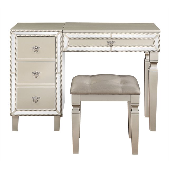 Poundex Coiffeuse en Bois avec Miroir Relevable et Tabouret - Argent