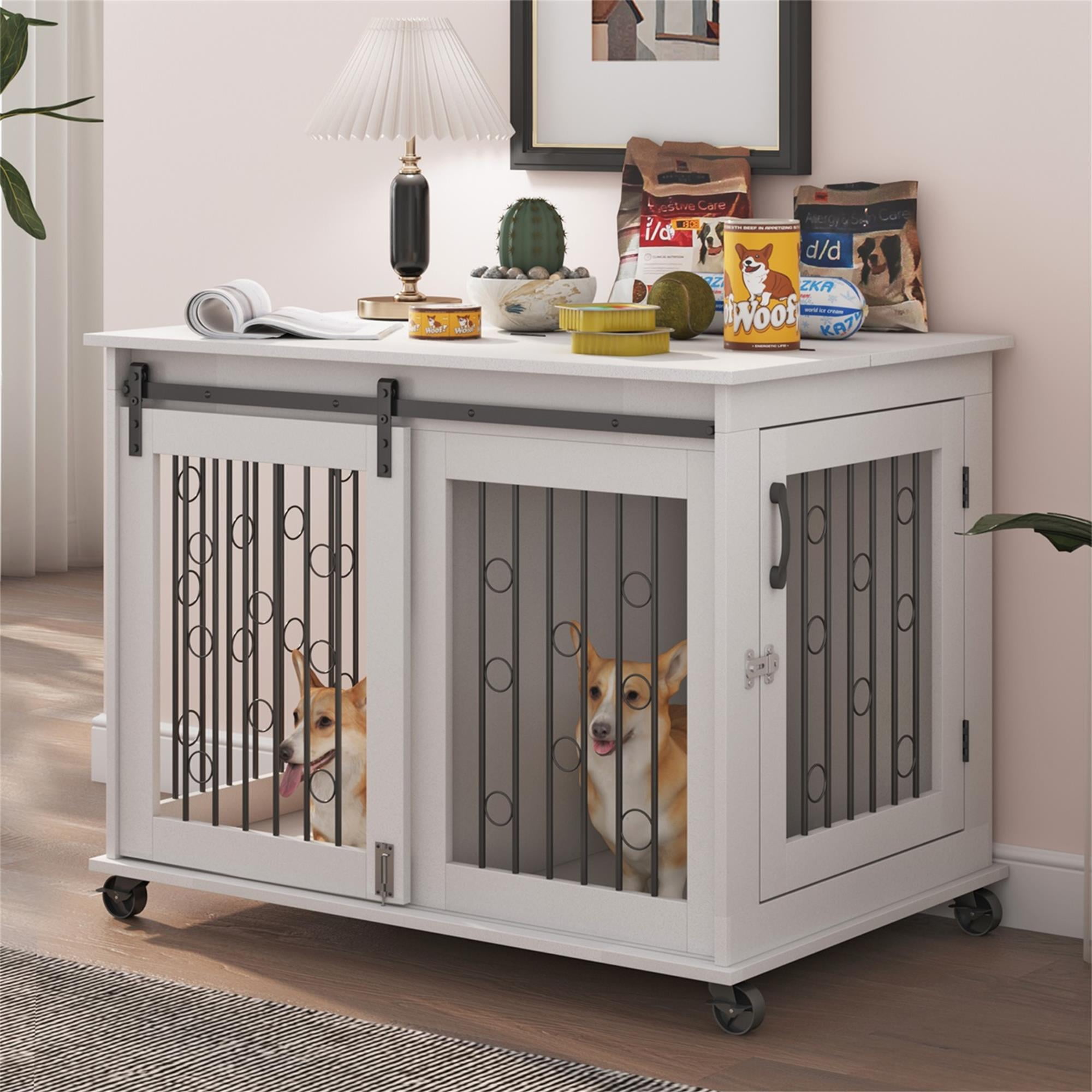 Pefilos 39" Dog Crate for Medium Dogs Sliding Door Wooden Dog Cage with