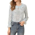 thumbnail image 5 of MODA NOVA Juniors Chiffon Blouse Ruffle Front Keyhole Flounce Collar Long Sleeve Print Floral Tops White XS, 5 of 6
