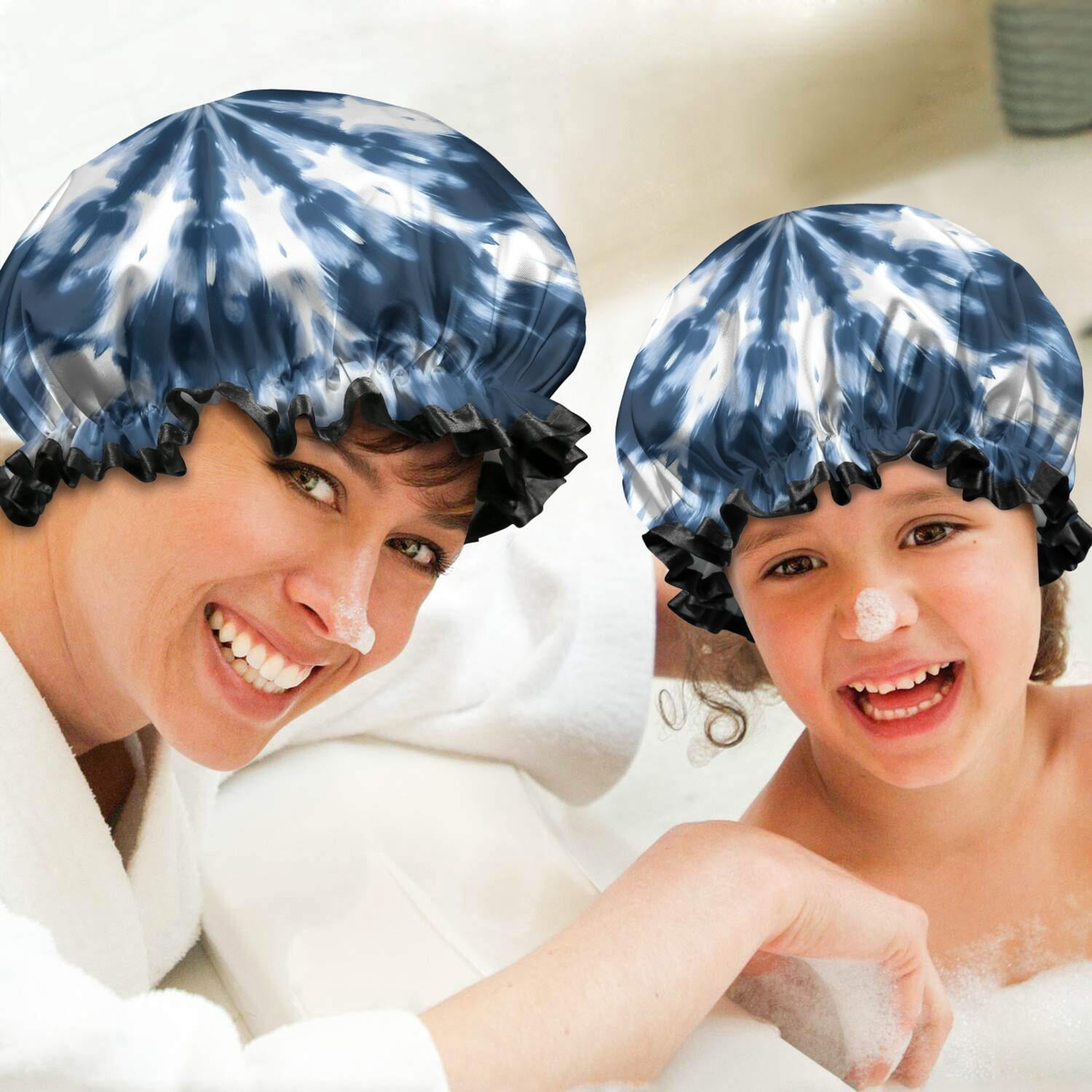 Shower Caps,Blue Tie Dye Starburst Pattern Waterproof Shower Cap for Women 4 Pieces,Double Reusable Hair Cover for Shower PEVA Elastic Stretch Hem