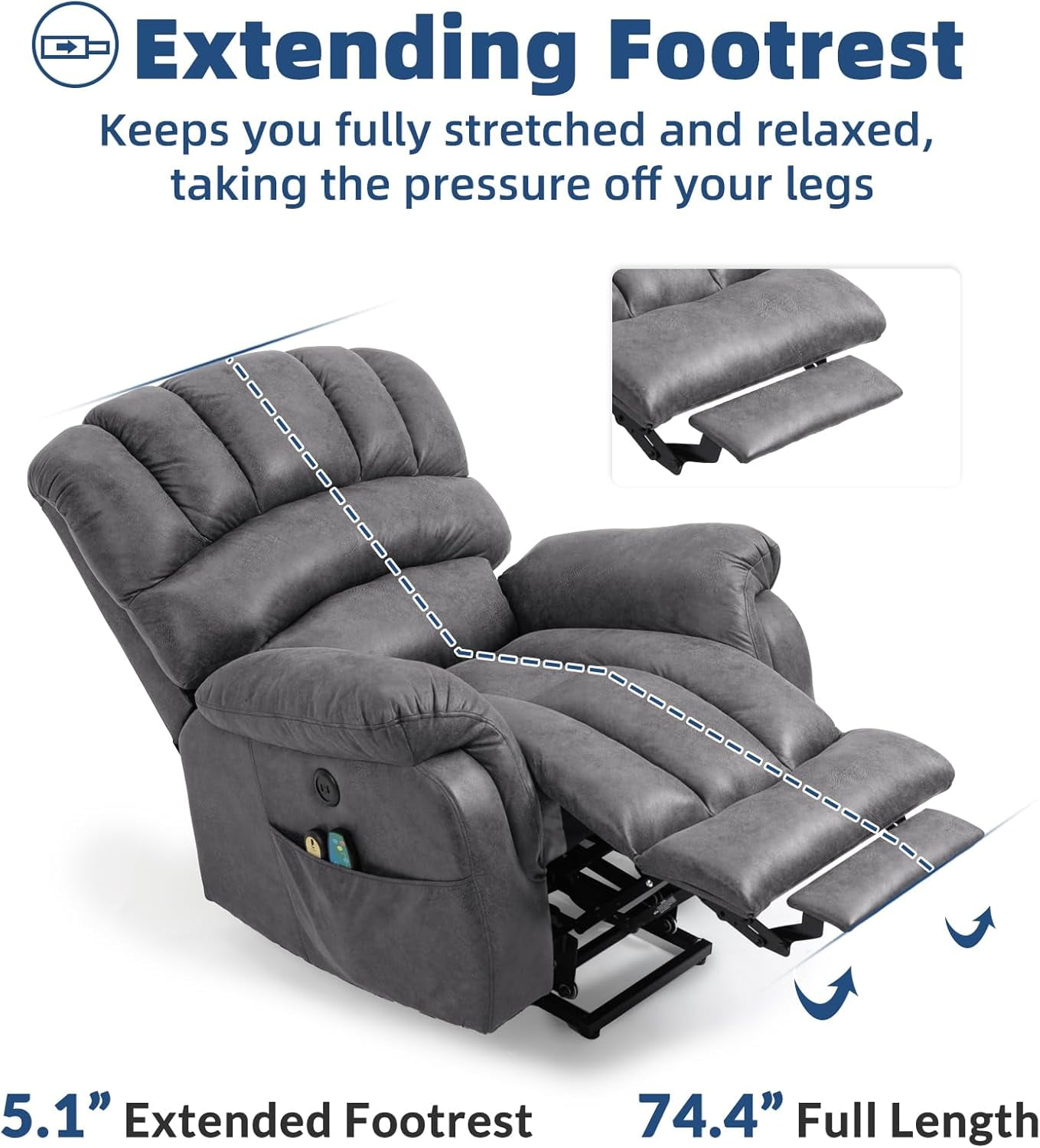 Large Electric Power Lift Recliner Chair with Extended Footrest for Elderly Tall Man, Overstuffed Heated Massage Wide Reclining Sofa with 2 Remote Controls, Side Pockets & USB Ports, Gray