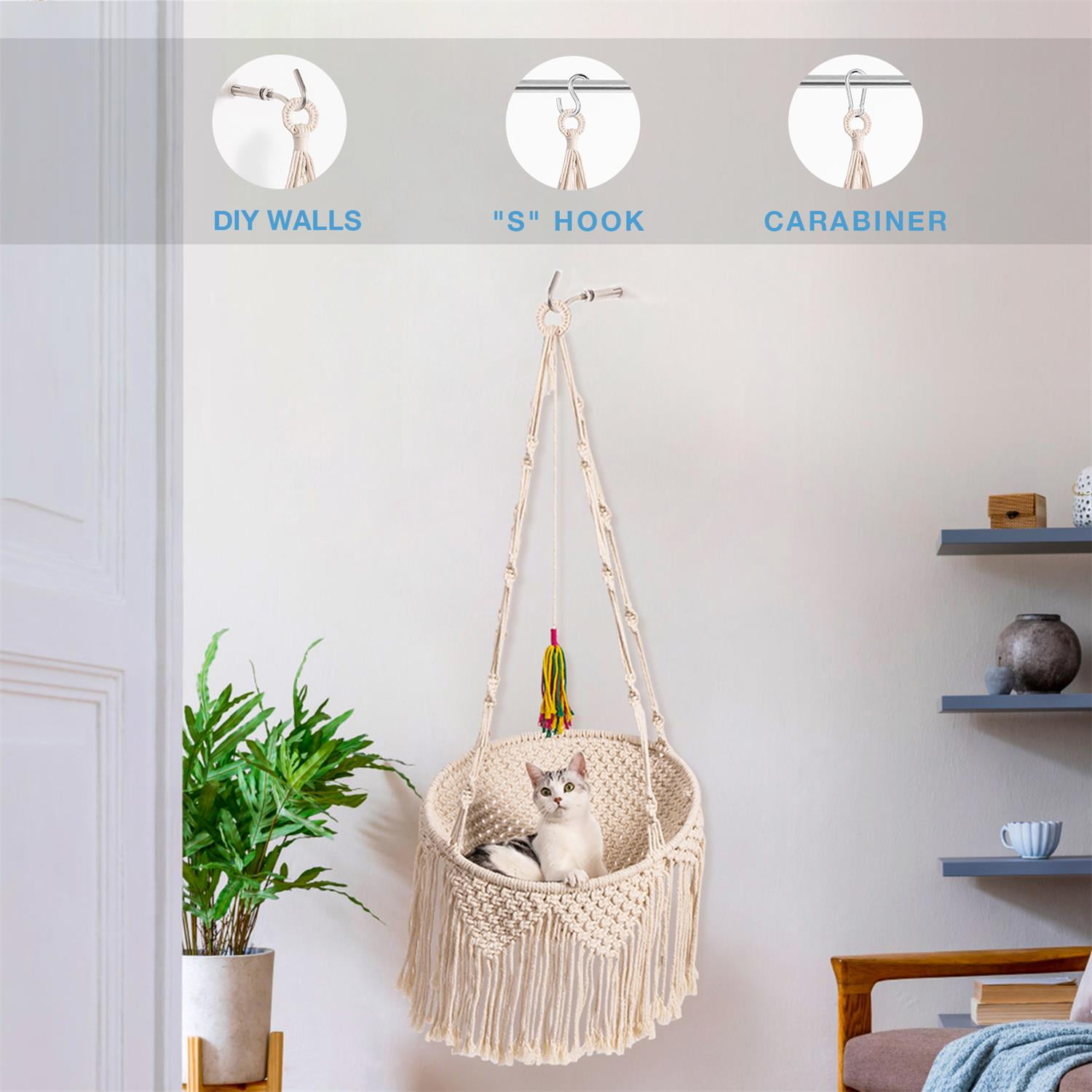 Pefilos 49" Macrame Cat Hammock, Handwoven Hanging Cat Bed, Boho Cat Swing Toy with 3 Different Types of Hooks for Indoor Outdoor Home Decor Hang Cat House Bed for Sleeping, Playing, Beige Pefilos 49" Macrame Cat Hammock, Handwoven Hanging Cat Bed, Boho Cat Swing Toy with 3 Different Types of Hooks for Indoor Outdoor Home Decor Hang Cat House Bed for Sleeping, Playing, Beige