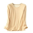 thumbnail image 2 of QUNYINEY Long Sleeve Women Shirts Beige Crew Neck Casual Solid Tops Pullover Loose Warm Fleece Drop Shoulder T-Shirts, 2 of 6