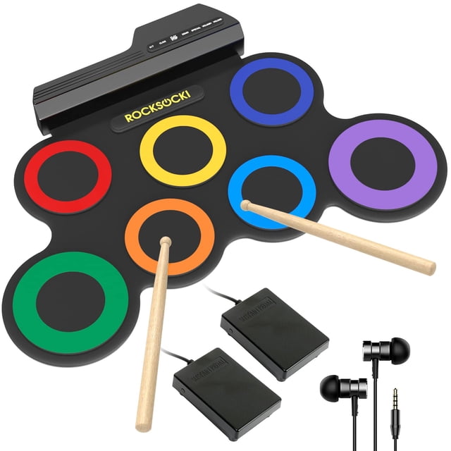 ROCKSOCKI Batería Eléctrica, Batería Electrónica para Niños de 7 Almohadillas con Auriculares Incluidos, Almohadilla de Práctica de Batería Enrollable, Gran Regalo de Cumpleaños de Navidad para Niños